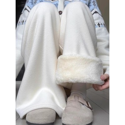 白色垂感加绒毛巾裤女秋冬2025新款高腰显瘦直筒休闲加厚阔腿裤