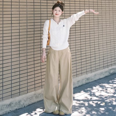 韩系卡其色西装休闲裤女秋季2025新款高腰垂感宽松显瘦拖地阔腿裤