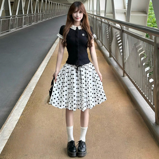 白色波点百褶中裙女2026夏季新款A字高腰显瘦中款气质型半身裙子