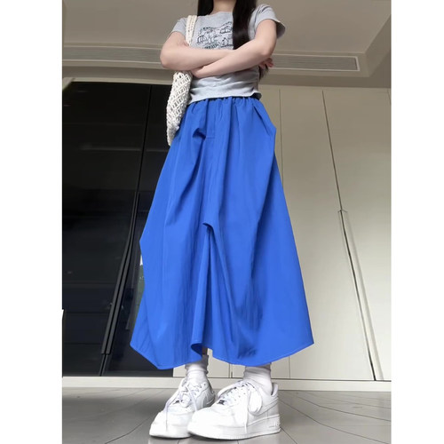 韩版文艺风克莱因蓝半身裙女2026新款高腰显瘦遮跨A字休闲中长裙