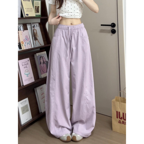 紫色韩式冰丝休闲裤子女2026年夏季新款高腰显瘦宽松松弛感阔腿裤