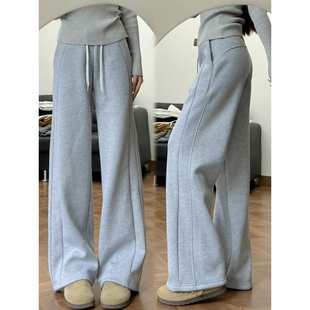 灰色羊羔绒直筒卫裤女秋冬季2025新款高腰显瘦加绒加厚休闲运动裤