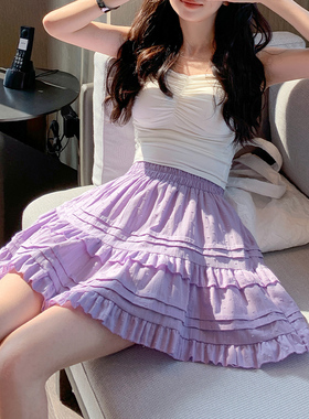 紫色蛋糕裙2025年夏季新款纯棉蕾丝花边短裙百褶裙子显瘦A字伞裙
