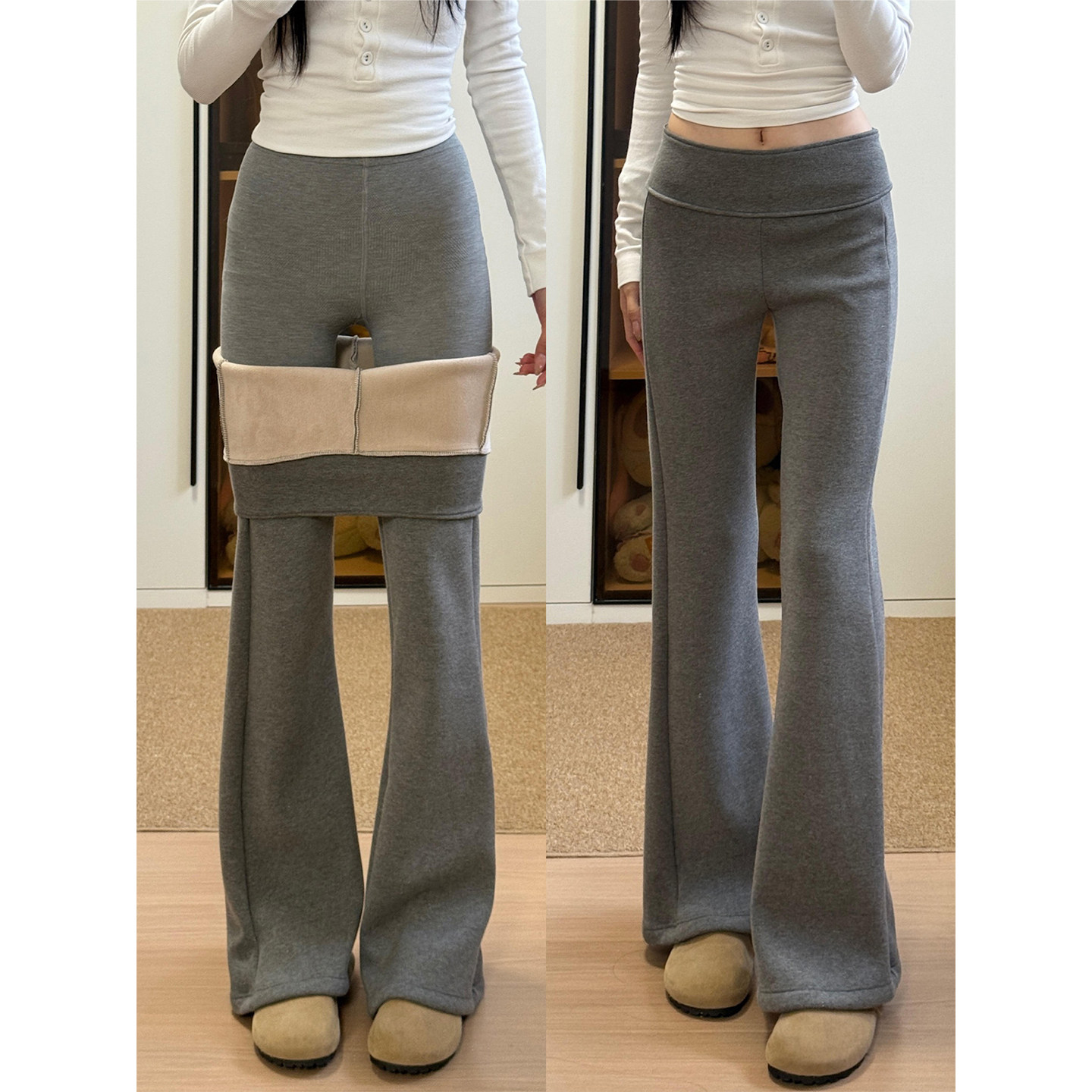 深灰色加绒加厚喇叭裤女秋冬2025新款高腰显瘦修身微喇阔腿长裤子