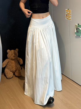 白色简约宽腰长裙子女2026夏季新款宽松型显瘦遮胯气质褶皱A字裙