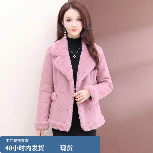 时尚百搭加厚短款大衣女2026年秋冬季新款小个子妈妈陂芼一体外套