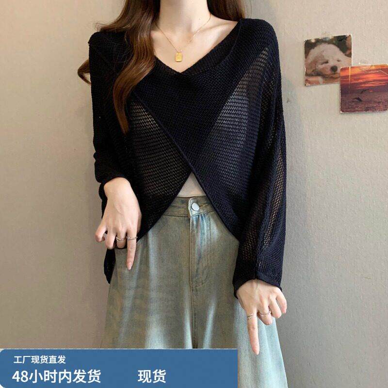 镂空冰丝针织罩衫女2026夏季新款大码胖mm宽松短款长袖防晒衣上衣