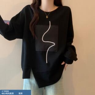 遮肚子不规则宽松长袖卫衣秋季适合胖mm的大码女显瘦开叉别致上衣