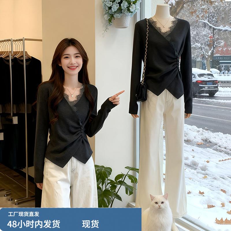 大码法式蕾丝V领针织打底衫女秋冬胖mm收腰巨显瘦内搭不规则上衣