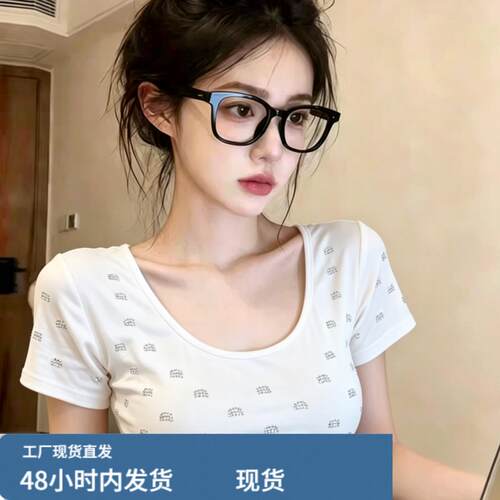 自留款推荐~纯欲风重工烫钻短袖T恤女夏季新款设计感显瘦短款上衣