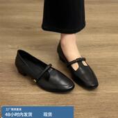 气质粗跟单鞋 通勤T字带浅口法式 复古山茶花圆头玛丽珍女鞋 羊皮版