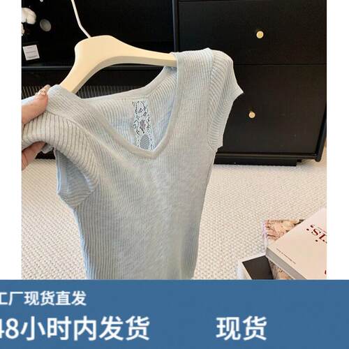 自留款推荐~后背镂空蕾丝短袖针织衫女夏季新款纯欲别致显瘦上衣