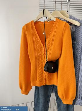 橙色V领花边毛针织开衫2025新款早秋季韩系多巴胺毛衣外套上衣女