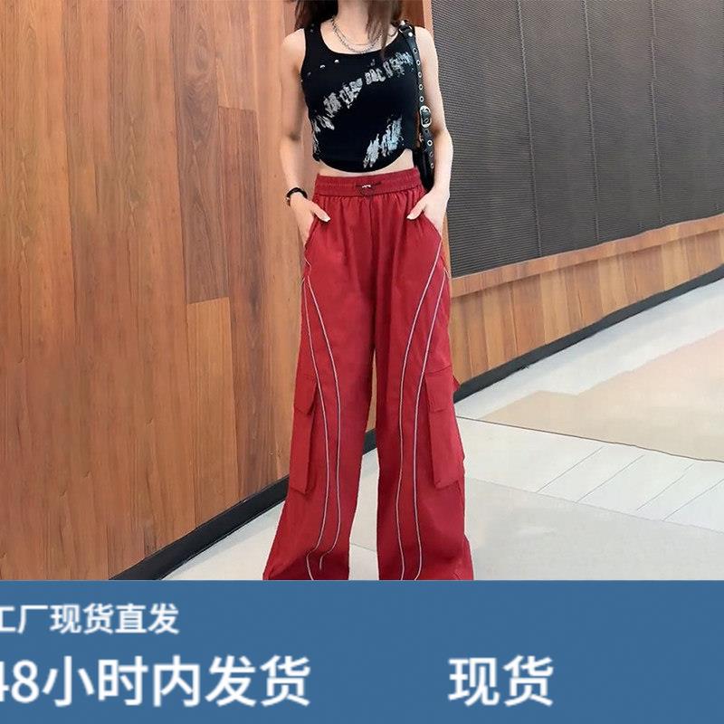 时尚设计感多口袋工装裤女夏季独特双杠线条高腰显瘦休闲阔腿长裤