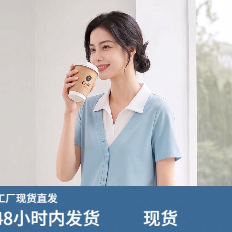 POLO领蓝色正肩短袖t恤女2026夏季新款百搭钮扣拼接上衣大尺码T恤