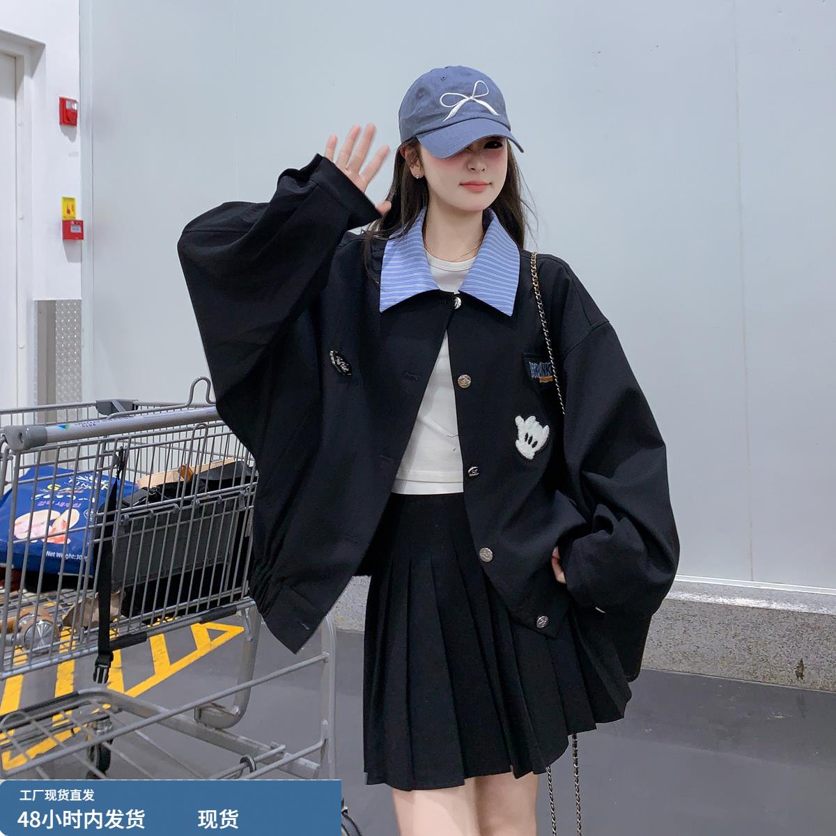 美式复古学院风翻领棒球服外套女2025春秋季宽松休闲减龄炸街夹克