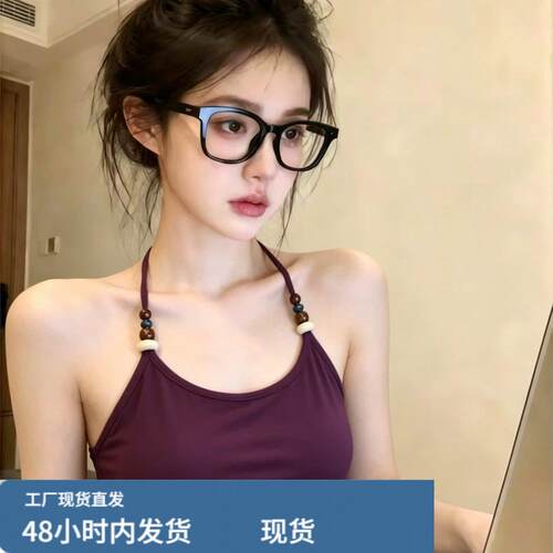 自留款推荐~纯欲风紫色串珠挂脖吊带背心女夏季百搭显瘦外穿上衣