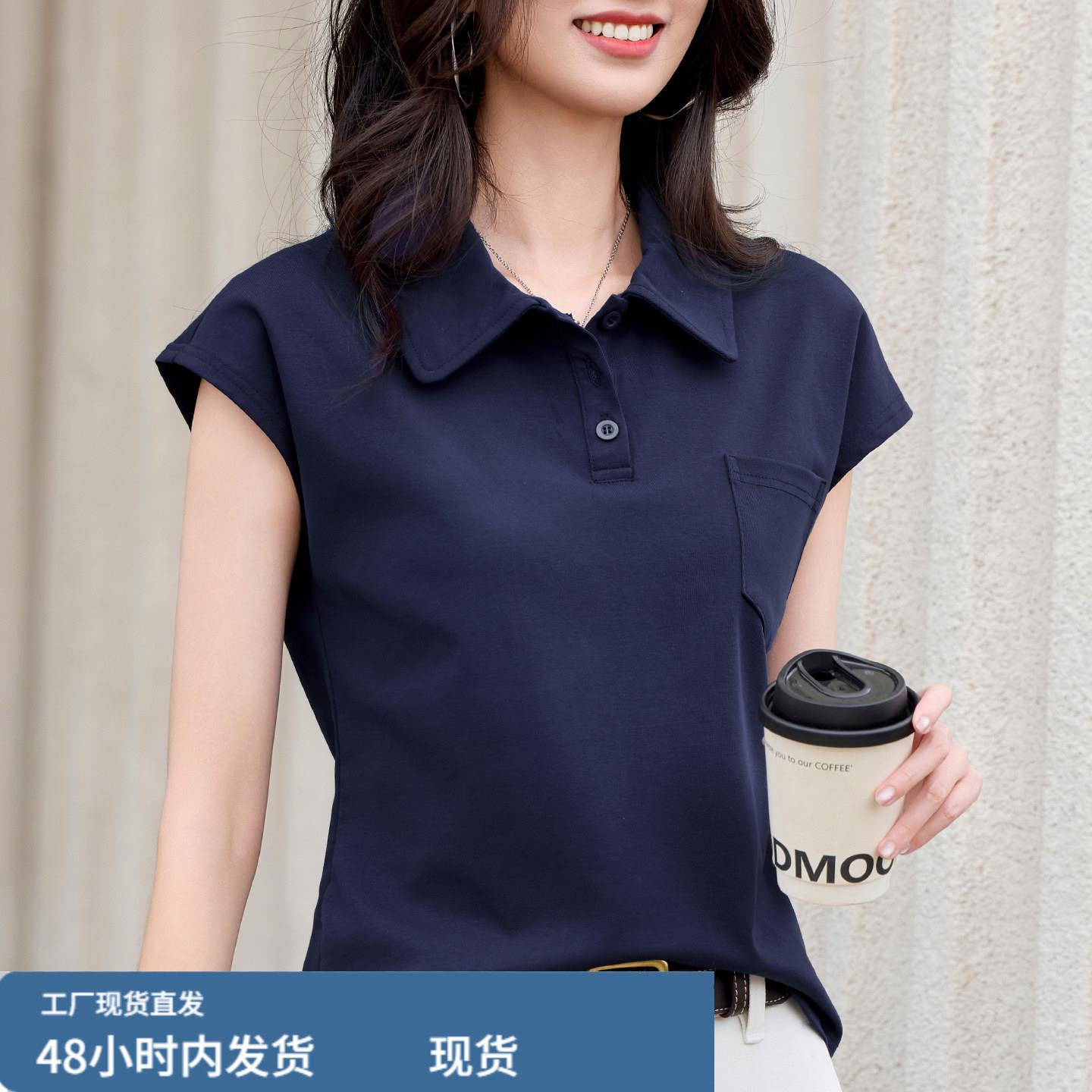 POLO领短袖t恤女2026夏季新款钮扣拼接口袋连肩上衣显瘦百搭T恤