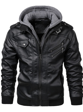 Men's jacket PU hooded jacket men's youth leather jacket top