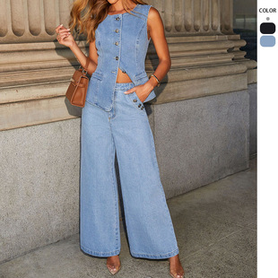women loose sleeved fashion denim long wide pants leg suit