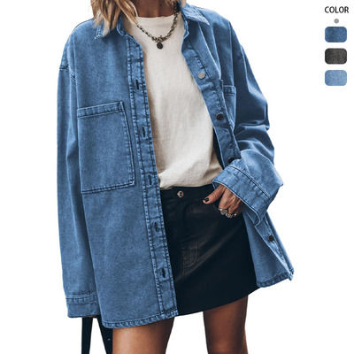 Retro women's long sleeved denim jacket loose casual shirt