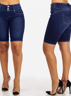 New denim shorts, women's cropped pants, slim fit mid lengt