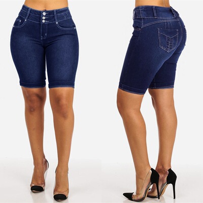 New denim shorts, women's cropped pants, slim fit mid lengt