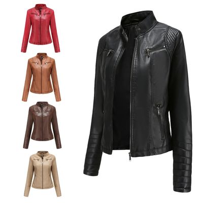 Women's thin biker jacket with leather cropped女短款皮衣外套