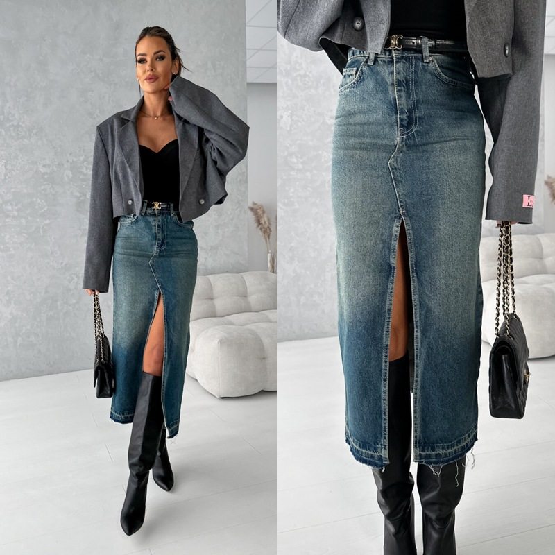 Retro high waisted denim skirt slim fit hip hugging skirt