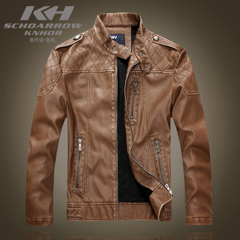 Men's standing collar vintage leather jacket男式复古皮夹克图片
