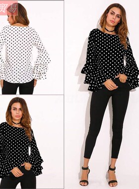 Women's round neck three-layer ruffled sleeve T-shirt