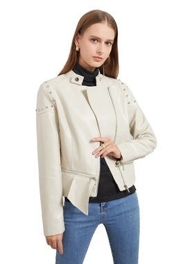 Rivet fashion stand up collar leather jacket for women皮衣