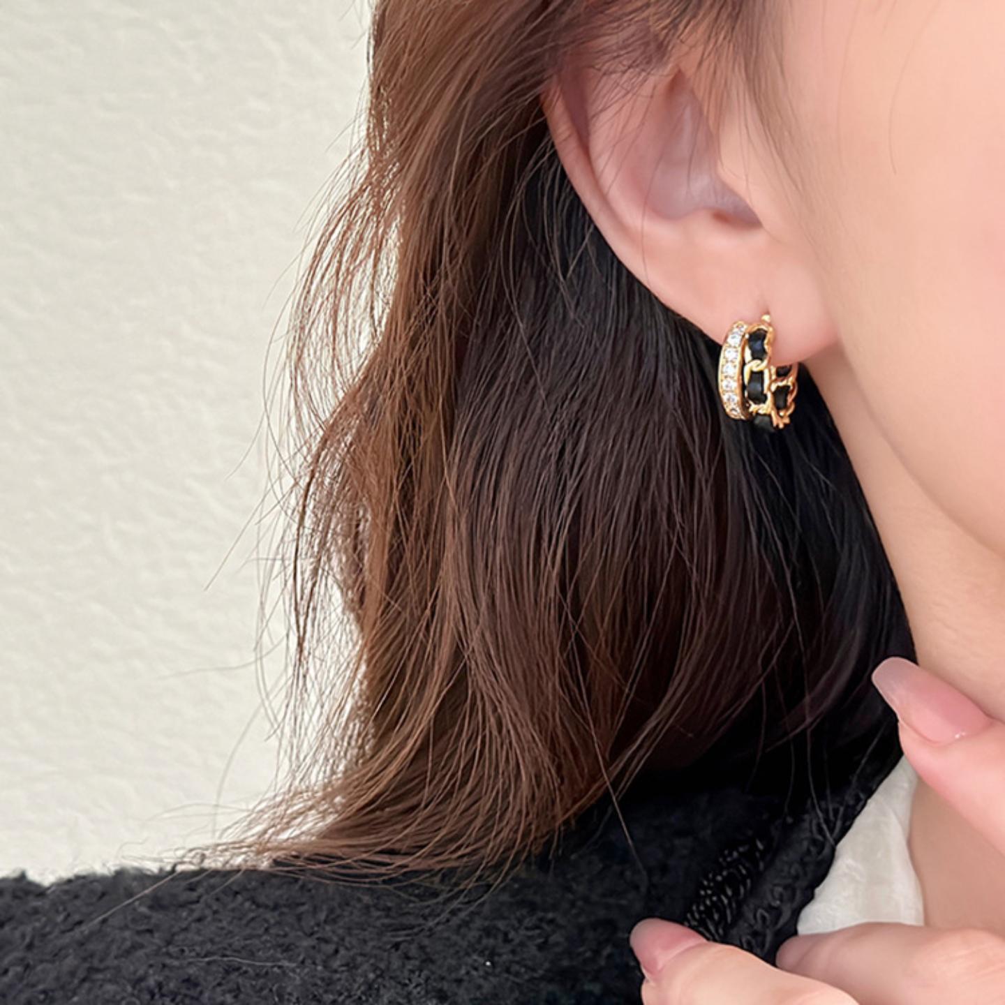 双层锆石皮革金属耳钉女小众