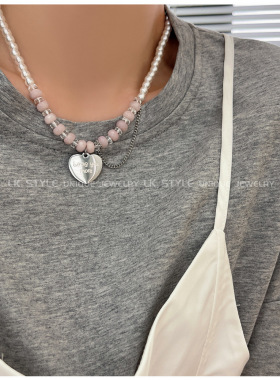 日韩女新鲜出炉钛钢现货粉色天然石韩版时尚休闲锁骨链仙气潮项链