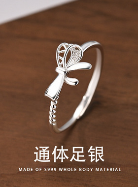 S999纯银甜美蝴蝶结食指戒指女设