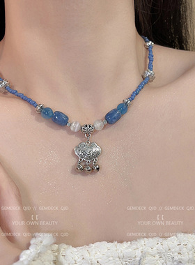 轻奢新中式蓝色串珠平安锁项链女夏藏银冷淡民族风设计小众时尚感