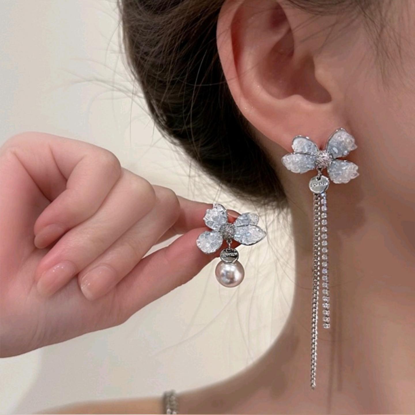 不对称水晶珍珠蝴蝶结流苏耳钉女