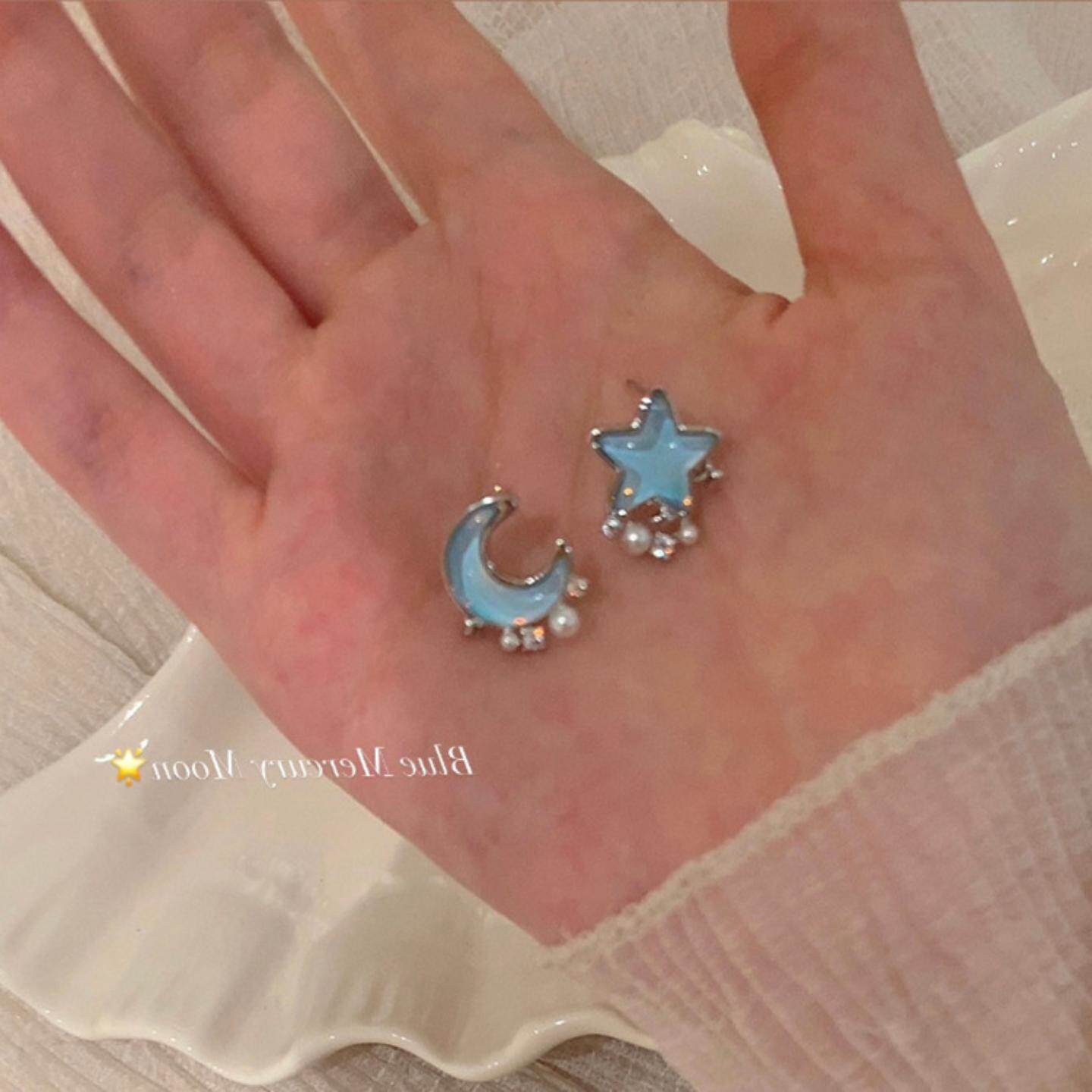 蓝色星星月亮珍珠耳钉女设计感