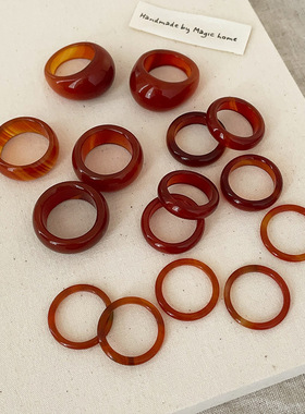 天然红玛瑙石戒指女小众复古个性简约百搭气质时尚指环戒子ins风