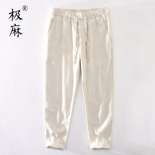 复古苎麻抽绳小脚直筒棉麻休闲裤