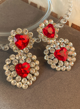 欧美夸张镶钻红色爱心几何耳环女高级感小众设计甜美时尚气质耳坠