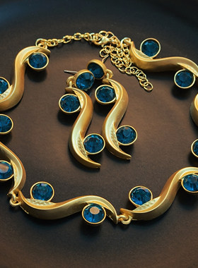 波浪纹蓝色复古项链耳环套装女时尚金属首饰高级感配饰品