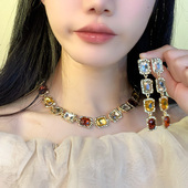 配饰颈链 气质锁骨链新款 设计感棕色渐变方形几何耳环项链套装 时尚