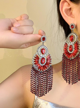 红色个性夸张镶钻流苏耳环欧美重工轻奢长款马眼玻璃气质时尚耳饰