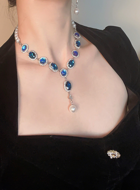 轻奢欧美名媛风蓝色锆石珍珠项链女小众设计感2023新款气质饰品潮