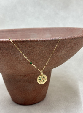 S925银镀18K金 文艺复兴罗盘彩石可调节项链毛衣链 RE024