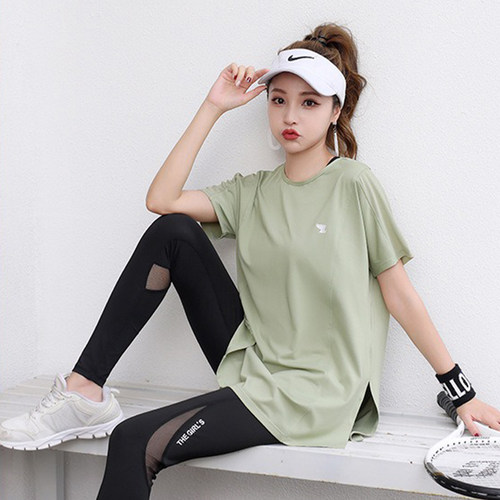 健身服女大码跑步网纱速干衣运动t恤短袖裤胖m宽松瑜伽套装夏新款