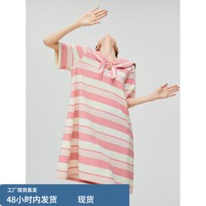 设计感海军领学院风粉色条纹短袖连衣裙2026年夏季新款减龄直筒裙