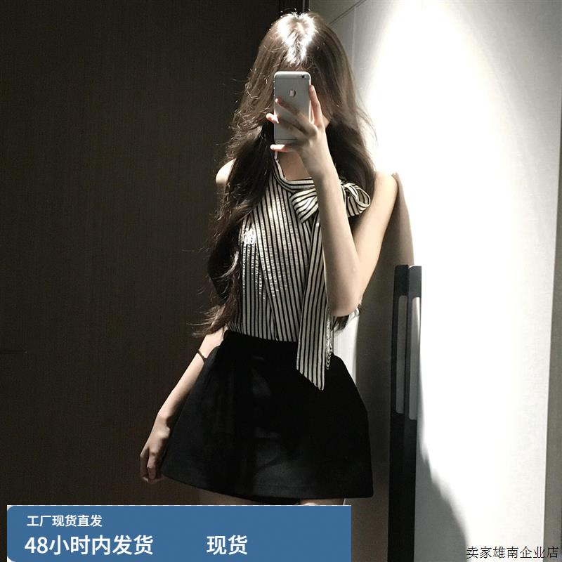 韩系复古条纹无袖挂脖t恤女夏2025新款巨好看高级感chic别致上衣