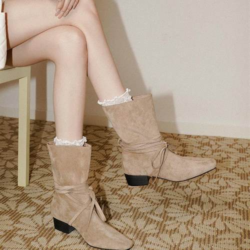 梨小七~时尚绑带废土风沙漠西部靴女显瘦粗跟方头秋冬氛围感短靴